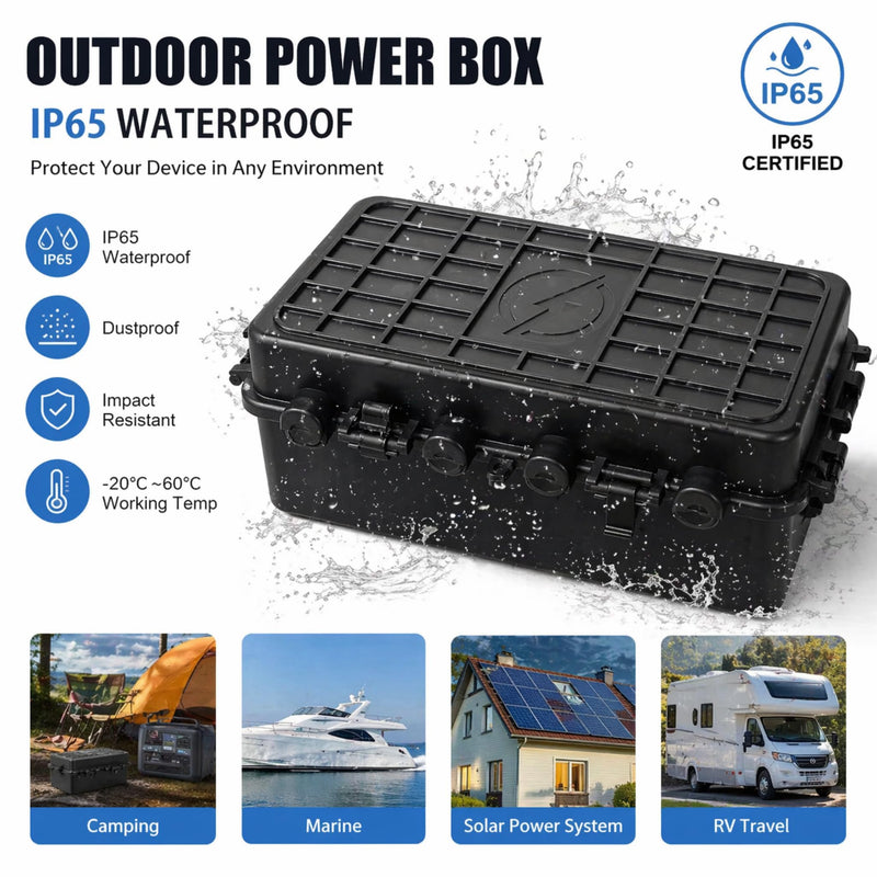 IP65 Waterproof Medium Outdoor Cable Box (26.3 x 13.5 x 9.8 cm), 6 Cable Entrance, Waterproof Connection Boxes with Ground Anchors for Power Strips, Timer Switches and Garden Decoration, Black