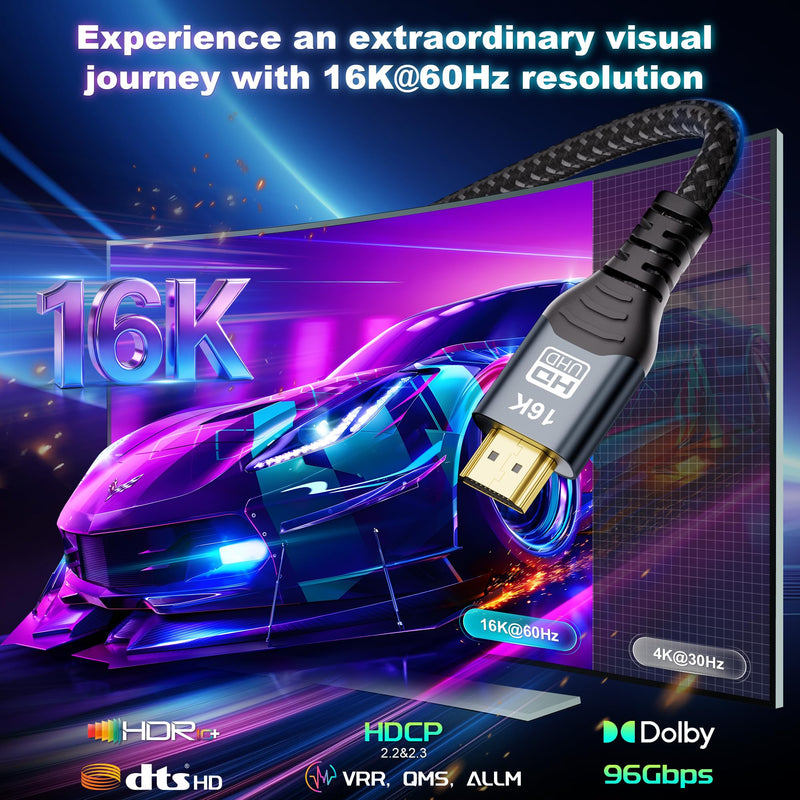 16K HDMI Extension Cable 5FT, 96Gbps Ultra High Speed HDMI Extender, HDMI 2.2 Male to Female Adapter Compatible with 16K@60Hz 8K@120Hz 4K@240Hz HDR eARC, for PS5/Xbox/Fire TV/Roku/Laptop