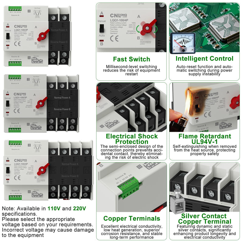 [Australia - AusPower] - AC110V/120V 100Amp Automatic/Manual Transfer Switch 4P 50/60Hz, 4Poles Mini ATS Auto Dual Power Switch Automatic Changeover Fast Transfer for Home Generator, Soalr, Rv and Lv Power 4P 100A 110V 