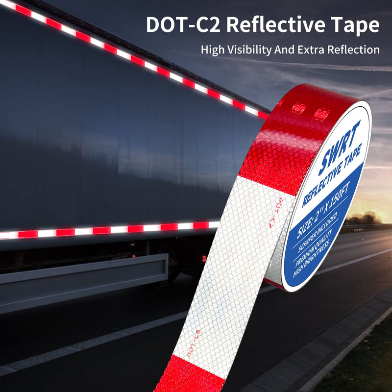 SWRT DOT-C2 Reflective Tape 2 Inch x 200 Feet Red White Reflective Tape Outdoor Waterproof Conspicuity Strong Adhesive Reflector Tape Warning Safety Tape for Vehicles Trailers Boats Signs 2 IN x 200 FT Red & White