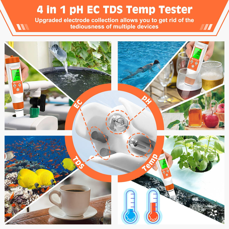 pH Meter for Water, Smart pH TDS EC Meter for Water Hydroponic, 4 in 1 pH Conductivity PPM Temp Meter for Drinking Water, Brewing, Aquarium, Pool, Spa