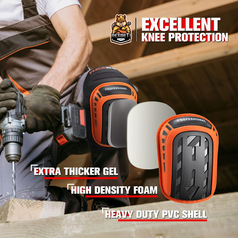 REXBETI Knee Pads for Work, Construction Knee Pads for Men, Heavy Duty Comfortable Anti-slip Foam Gel Knee Pads for Gardening Flooring and Cleaning, Strong Stretchable Straps, Orange Original