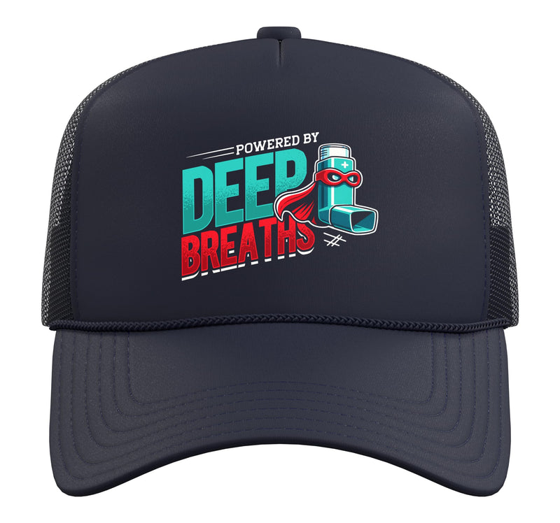 [Australia - AusPower] - Powered by Deep Breaths Inhaler Respiratory Wellness Trucker Hat with Adjustable Mesh Back One Size Navy Blue 