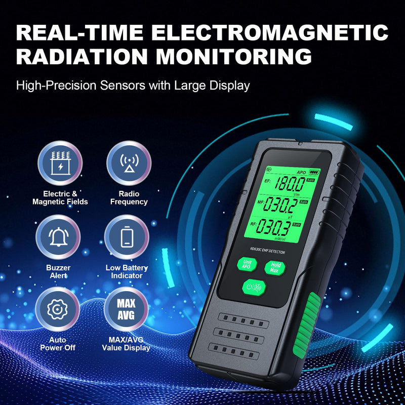 [Australia - AusPower] - EMF Meter 3-in-1, YOJOCK Portable Radiation Detector for EF, MF & RF Signals, Includes Additional Battery and German Instructions EMF Radiation Meter for Home, Office and Outdoor (Green) Green 