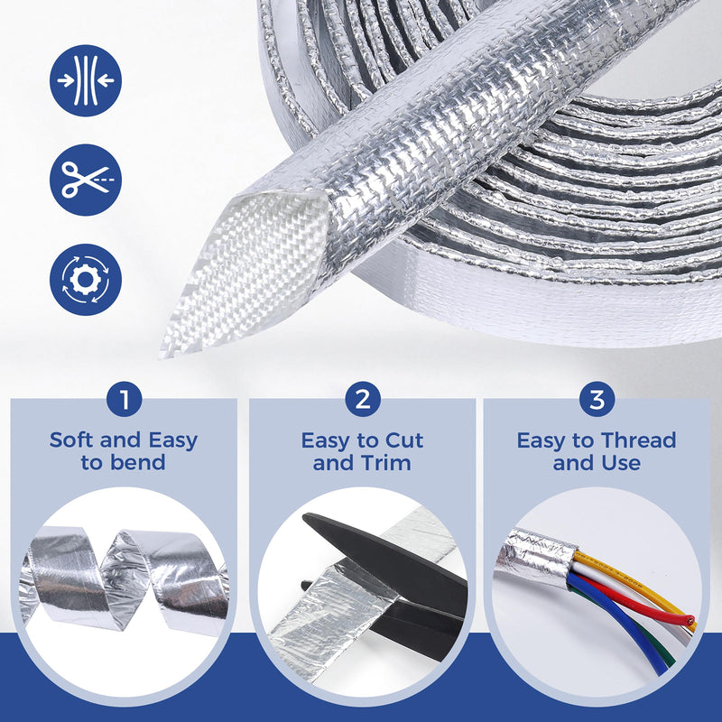 Automotive Heat Shield Sleeve High Temp Sheathing Heat Resistant Wire Protectors Aluminum Foil Heat Wrap For Automobile Engine Wires(1/2"-12ft) 1/2" 12Ft