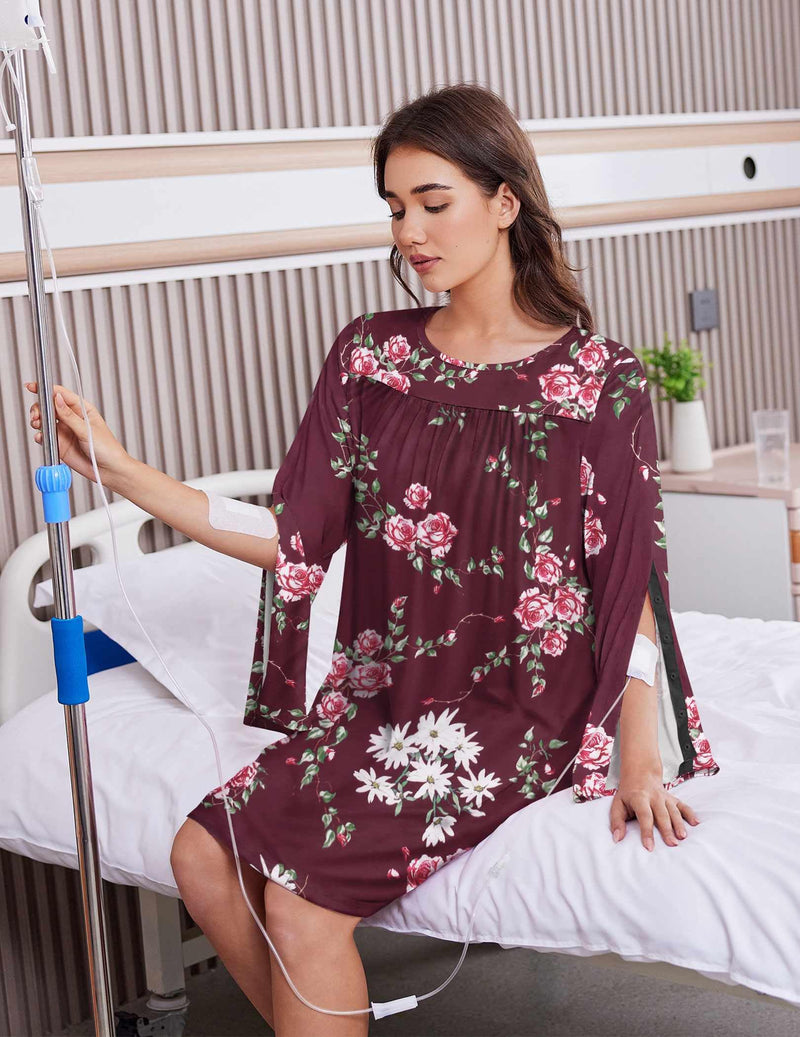 [Australia - AusPower] - Deyeek Hospital Gowns for Women Open Back Dress Long Sleeve Post Surgery Tear Away Snaps Adaptive Nightgowns with Arm Snaps Red Print XX-Large 