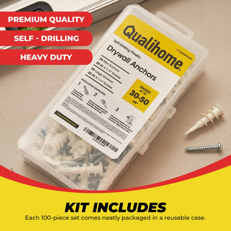 [Australia - AusPower] - Qalihome Plastic Self Drilling Drywall Anchors and Screws Kit | Includes 25 Small Drywall Anchors, 25#6 1-1/4 Inch Screws, 25 Large Anchors, 25#8 X 1-¼ Screws & Reusable Case 