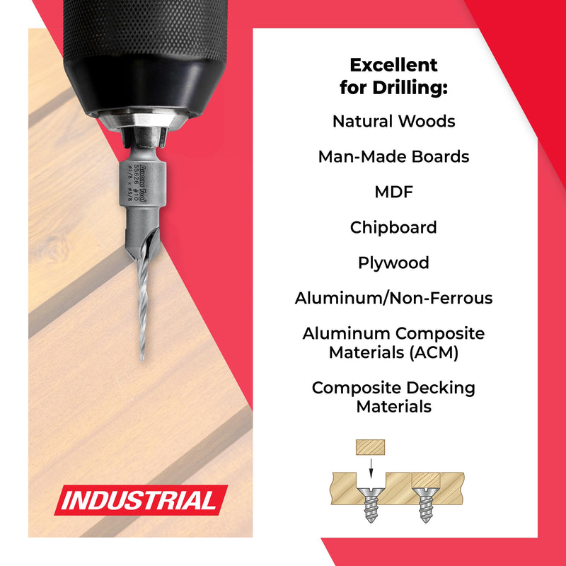 Amana Tool Carbide Tipped 82 Degree Countersink Tapered Drill Bit, 55626, Screw 10, 3/8 Dia x 1/8 Drill D x 1/4 Hex Shank