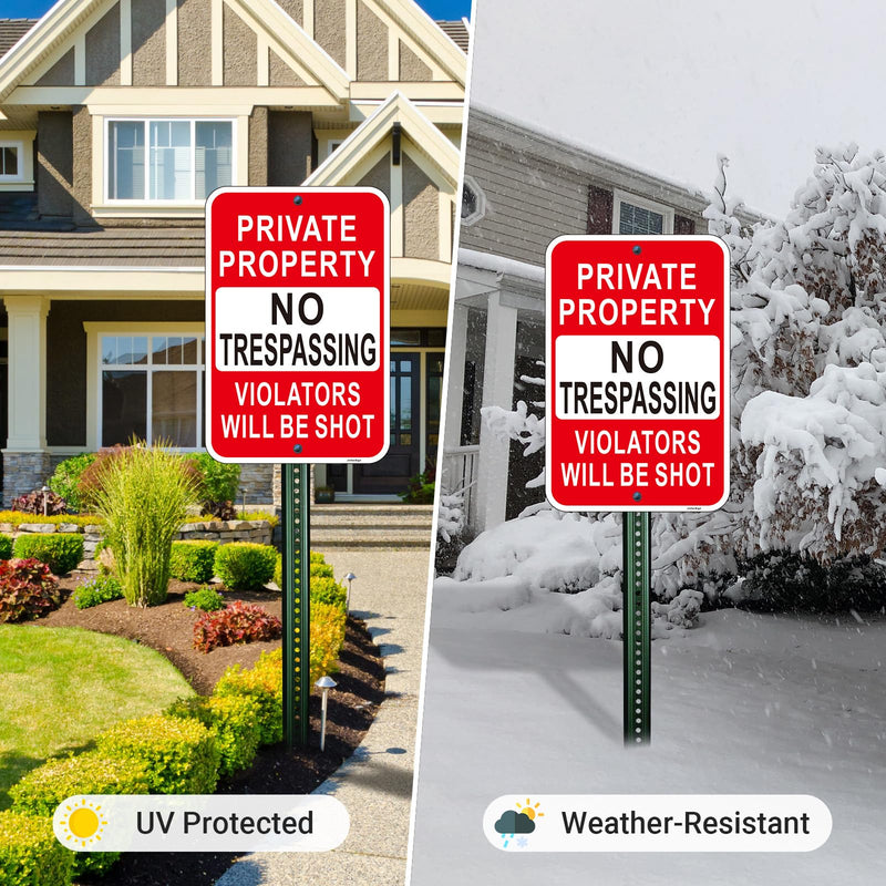 2 Pack Large Private Property No Trespassing Sign, Violators Will Be Shot Sign, 18"x12" Engineer Grade Rust Free Reflective Aluminum, Fade/Weather Resistant, UV Protected, Easy to Install Red-18"x12"