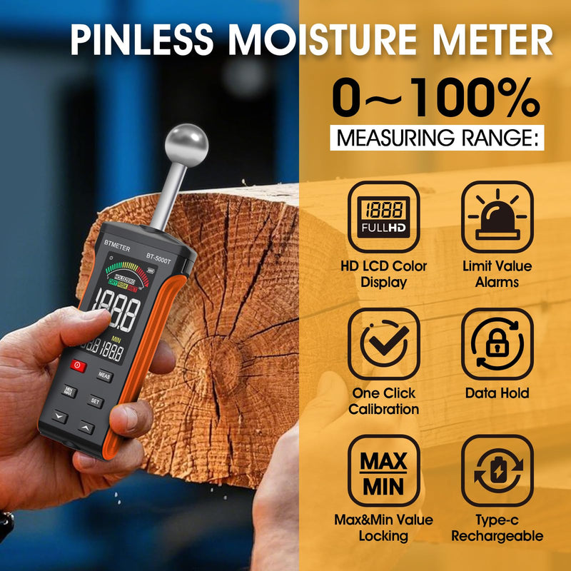 [Australia - AusPower] - BTMETER Wood Moisture Meter - Pinless Moisture Detector Measur Depth 20-40mm Non-Destructive Moisture Tester with Masonry Spherical Sensor Sound Alarm LCD Display for Firewood Walls Flooring Concrete 