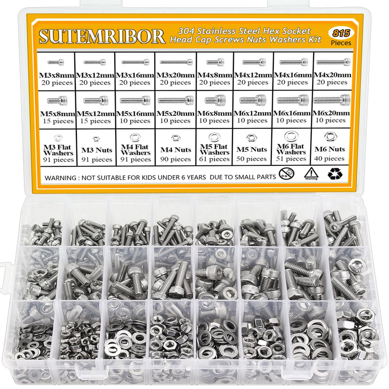 [Australia - AusPower] - 815 Pieces M3 M4 M5 M6 Hex Socket Head Cap Screws Nuts Washers Assortment Kit, Metric Screw Assortment with Hex Wrenches, 304 Stainless Steel, Fully Threaded M3M4M5M6 (815 Pieces) 