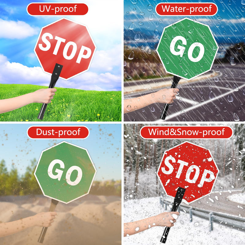 2 Pack Stop Go Sign with Metal Handle,12 x 12 inches Double Sided Stop Go Sign, Light Weight Steel Hand Held Traffic Reflective Aluminum Crossing Guard Stop Sign, Fade Resistant, Waterproof Easy to Mount 2 Pack Double Sided Stop Go Sign with Steel Handle