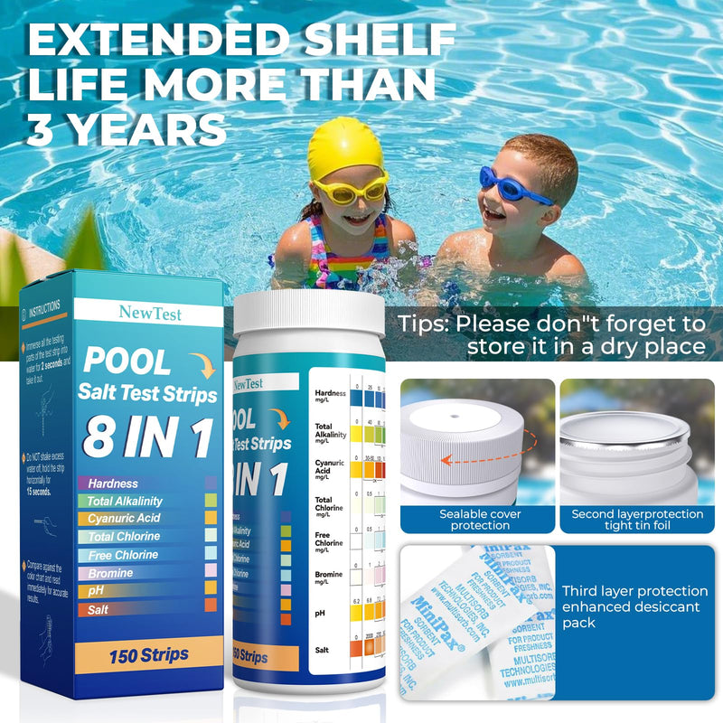 Pool Salt Test Strips: 150CT 8 in 1 Professional Pool Test Strips for Salt Water Pool & Hot Tub & Spa & Swimming Inground Pools - Quick Accurate Results Saltwater Pool Testing Kit 150