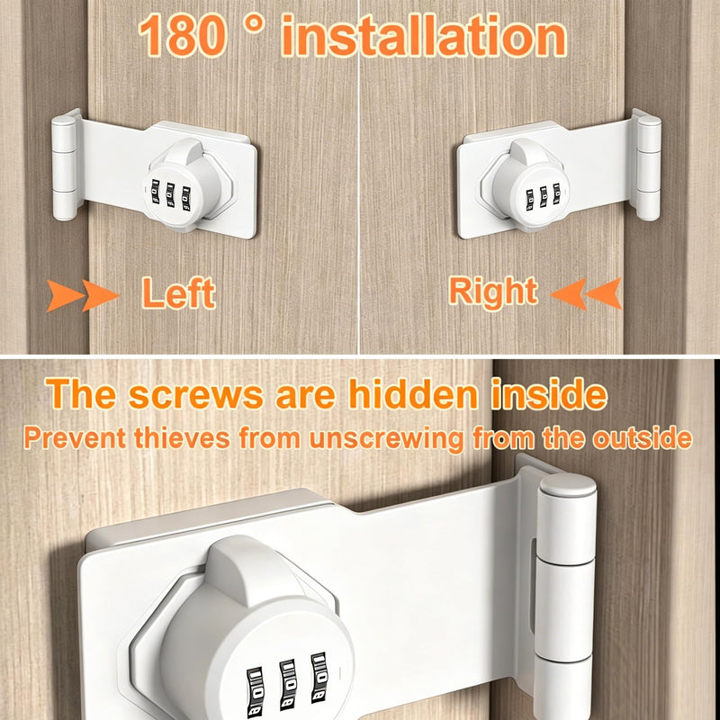 90 Degree Door Password Hasp Latch Lock- White Keyless Sliding Closet Lock Safety Right Angle Hasp Lock Barn Door Lock and Latch for Shed, Cabinet, Gate, Bedroom, Fence, Garden, Backyard Door 2 PCS White 2 Pack
