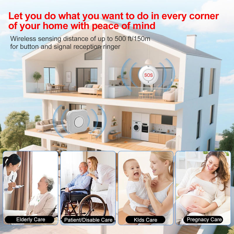 [Australia - AusPower] - XUK Wireless Caregiver Pager Call Button Elderly Nurse Alert System for Home/Elderly/Patient/Disabled 2 Plugin Receiver 1 Waterproof Transmitter, Elderly Fall Help System 500+ Feet IP55 Waterproof 2*Main units & 1*Round SOS 