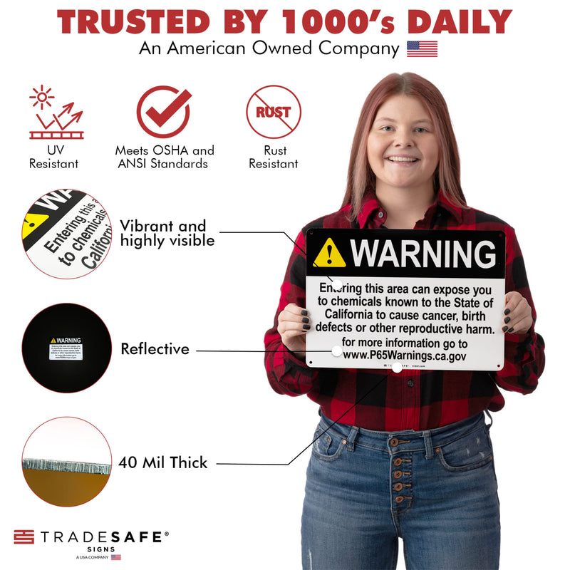 TRADESAFE Prop 65 Cancer and Reproductive Harm Warning Signs, Quick Install Aluminum Safety Sign, Light Reflective, UV-Resistant, Waterproof Signs for Business, 14” X 10” Proposition 65 Sign