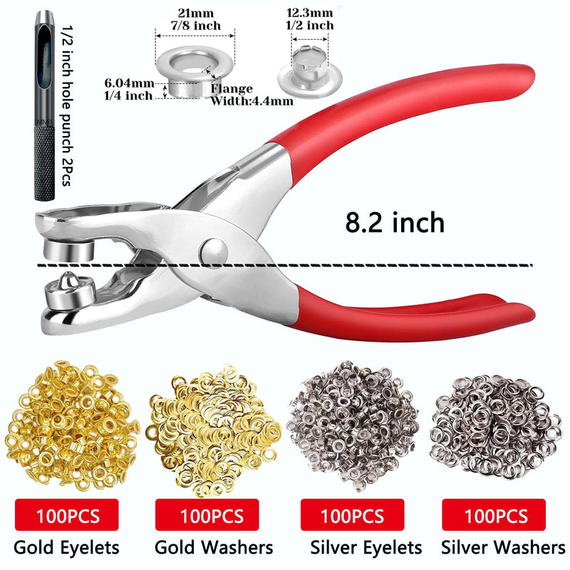 [Australia - AusPower] - 403Pcs 1/2 Inch Grommet Tool Kit, Grommet Kit, Eyelet Kit with Leather Hole Punch Pliers,400 Metal Eyelets and Grommets in Gold and Silver for Leather, Shoes, Fabric, Belt 