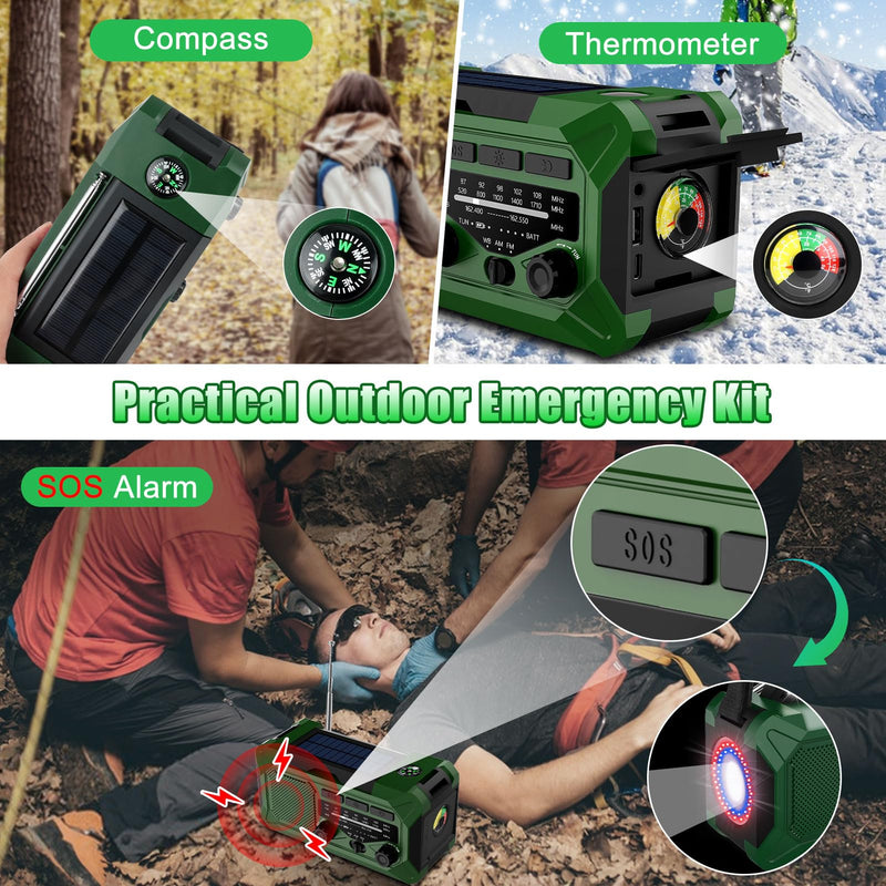 [Australia - AusPower] - 10000mAh Emergency Hand Crank Radio with LED Flashlight, AM/FM NOAA Portable Weather Alert Radio, Solar Powered Radio with Phone Charger, USB Charged, Headphone Jack, SOS Alarm, Compass for Outdoors 