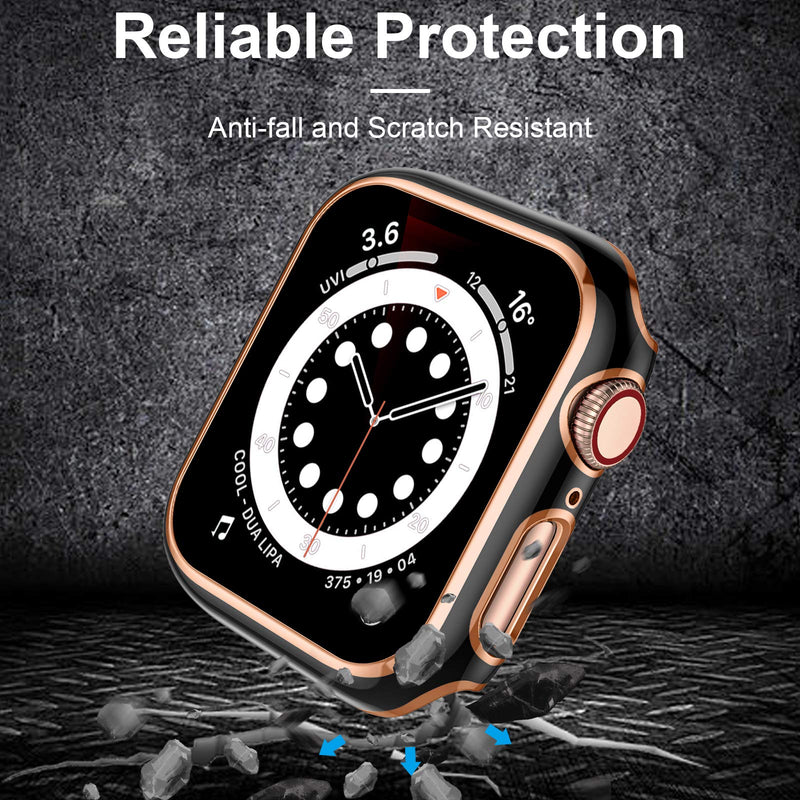 [Australia - AusPower] - Charlam Compatible with Apple Watch Case 44mm SE Series 6 5 4 with Tempered Glass Screen Protector, 2 Pack Classy Slim Overall Guard Case Cover, Rose Gold Edge Black & Rose Gold Edge White Bumper Black/White 