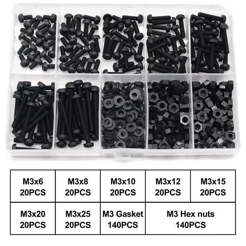 [Australia - AusPower] - QTEATAK M3 Black Nylon Plastic Pan Round Head Screws, Nut Bolts, Gasket Assortment Kit(Metric M3: 6mm 8mm 10mm 12mm 15mm 20mm 25mm) 