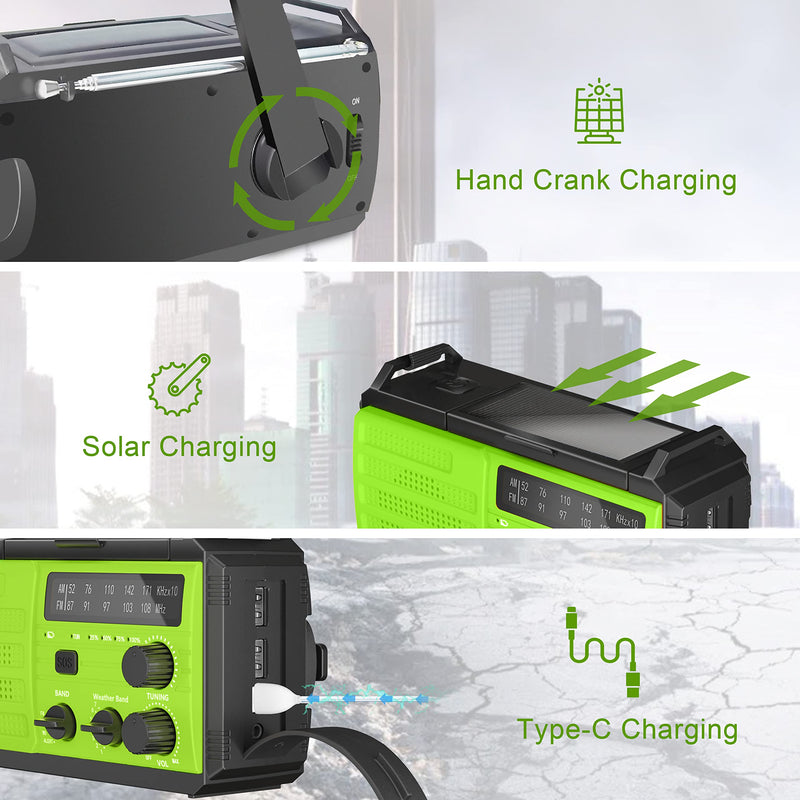 [Australia - AusPower] - Emergency Weather Radio,8000mAh AMFM NOAA Weather Alert Radio,Solar Hand Crank Powered Radio with Super Bright Flashlight,Phone Charger,SOS Alarm,Compass for Survival, Hurricane,Outdoor, Emergency Green 