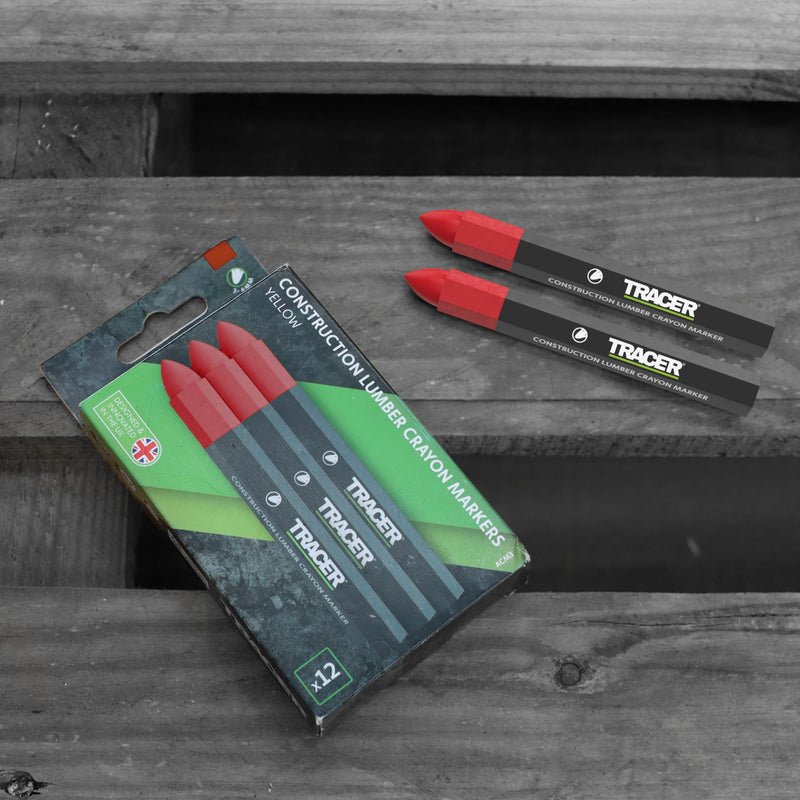 Tracer Grease Marker Chalk - Construction Site Signing Chalk - Pack of 12 Red | Forest chalk and grease chalk for wood, metal and concrete, wax pen for carpenters, roofers and bricklayers