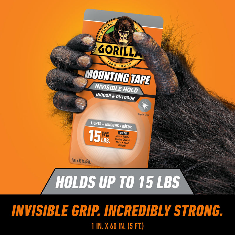 Gorilla Invisible Hold Mounting Tape, 1" x 60" (Pack of 1), Clear Double Sided Tape for Strong, Permanent Indoor & Outdoor Hanging 60" inches