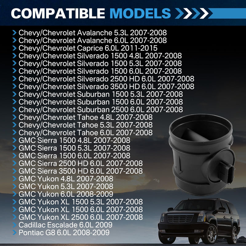 Mass Air Flow Sensor Meter MAF Compatible with 2007-2015 Chevy Chevrolet Avalanche Silverado Suburban 1500 2500 3500 Tahoe, GMC Sierra 1500 2500 Yukon, Cadillac Escalade Pontiac G8 15900024