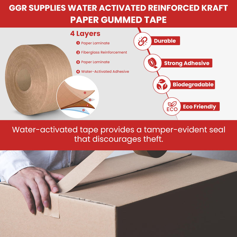 GGR Supplies T.R.U. WAT-WAE Water Activated Reinforced Kraft Paper Gummed Tape – Tamper Evident Packing Tape for Shipping, Moving & Carton Sealing, 2.75 in x 375 ft. 3 in. x 375 ft. (Pack of 1)