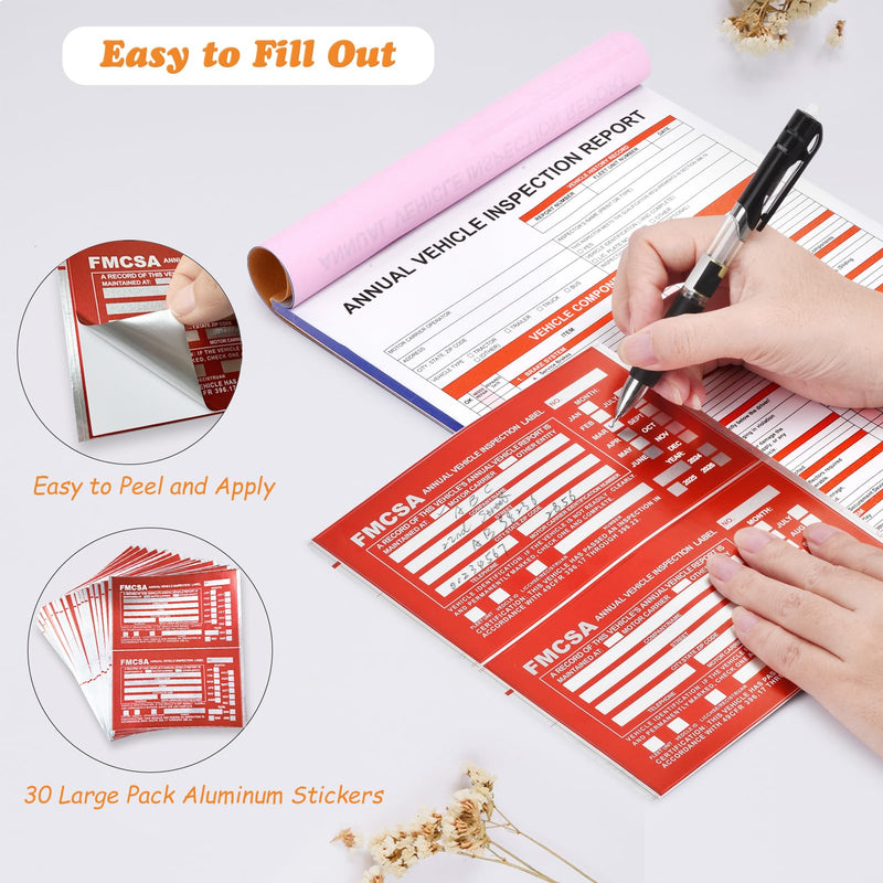 30 Pack Annual Vehicle Inspection Report Forms & 30-Pk Red Aluminum FMCSA Adhesive Labels/Stickers, 3-Ply Carbonless Inspection Sheet Book with Hardboard, DOT Compliant