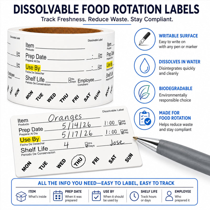 ChromaLabel Dissolvable Food Labels, 2" x 3", 2500/Roll, Food Rotation Labels for Prep Date, Use By and Shelf Life, Writable Freezer Labels for Food Containers, Biodegradable, No Residue