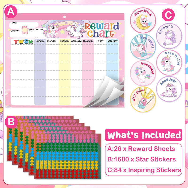 [Australia - AusPower] - Magnetic Reward Chart for Kids at Home, Behavior Chart Pad with 26 Chore Charts, 1680 Star Stickers, 84 Motivational Stickers to Develop Responsibility & Good Habits (Unicorn) Unicorn 