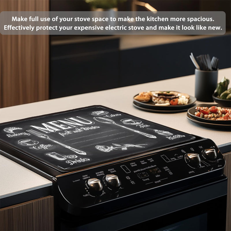Decorative Electric Stove Cover - Cook Menu Design, Non-Slip Heat Resistant Protector for Smooth/Glass Top Stoves, Fits 28.5'' x 20.5''