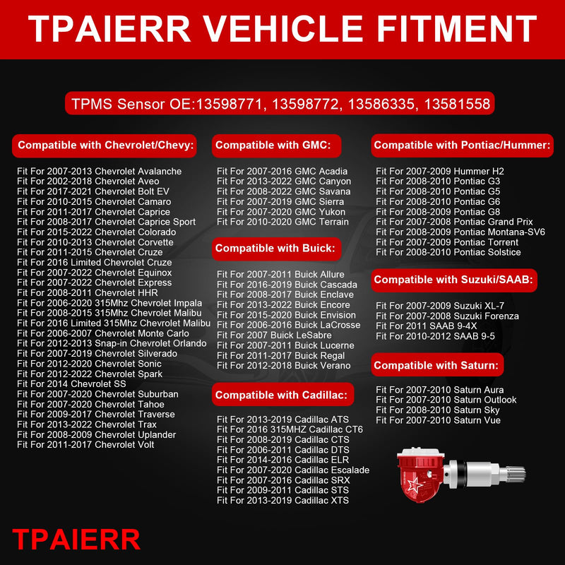 [Australia - AusPower] - 5Pcs TPMS Sensor with Relearn Tool, 315Mhz OE 13598771 13598772 13586335 13581558 EL-50448 Tire Pressure Monitoring System Compatible with Chevrolet/Chevy/Silverado/GMC/Buick/Cadillac (Red) Red 