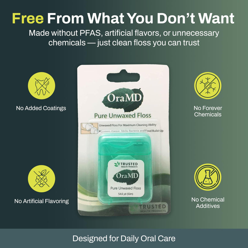 OraMD Oral Care Pure Unwaxed Dental Floss 54.6 Yards - PFAS-Free, Chemical Free, Shred Resistant - Unscented and Ultraclean Plaque Removal - Teeth and Gum Protection for Adults - Pack of 6 Six Dental Floss