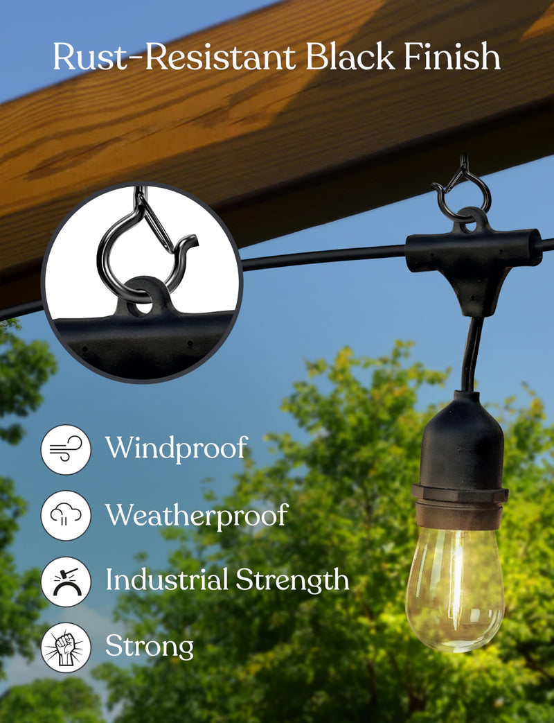 [Australia - AusPower] - Brightech String Light Screw Hooks - Ceiling Hooks for Hanging Solar, Plug-in Lights, Outdoor String Lights - Q Hooks with Safety Buckle Design for Porch, Patio - 15 Pack, Black 15 Pcs 