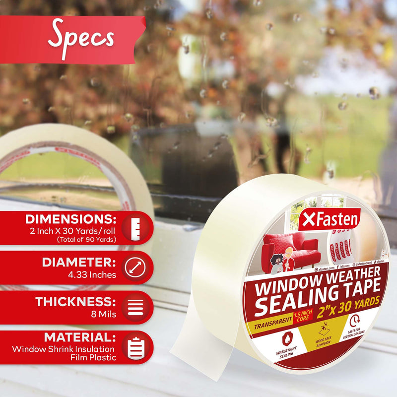 XFasten Window Tape for Winter 2-Inch x 30-Yards 1.5” Core, Residue-Free Window Weather Sealing Tape for Winter, Draft Stopper and Insulation for Weather Stripping 2-Inch x 30-Yards, 1.5-Inch Core