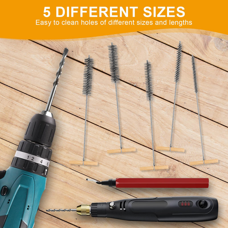 [Australia - AusPower] - 5 Piece Drill Hole Brush Set, 8 mm/12 mm/16 mm/20 mm/25 mm, T-Handle Tube Brush, Round Hole Brush, Cleaning Brush, Pipe Cleaner Brush for Impact Drills, Efficient Drill Hole Cleaning 