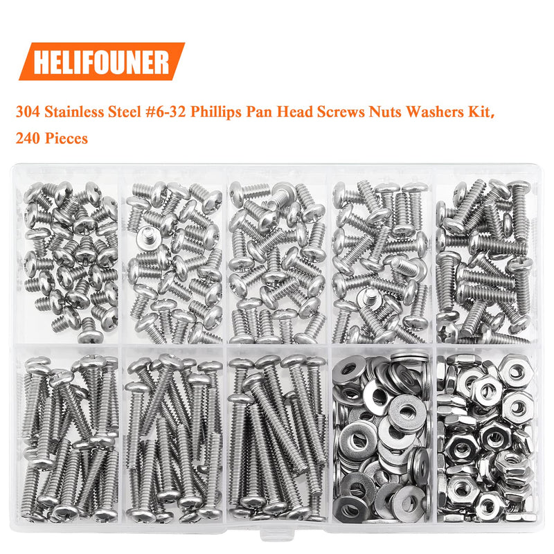 [Australia - AusPower] - 240 Pieces #6-32 Phillips Pan Head Machine Screws Nuts Washers Assortment Kit, Coarse Thread, Fully Machine Threaded, 304 Stainless Steel 