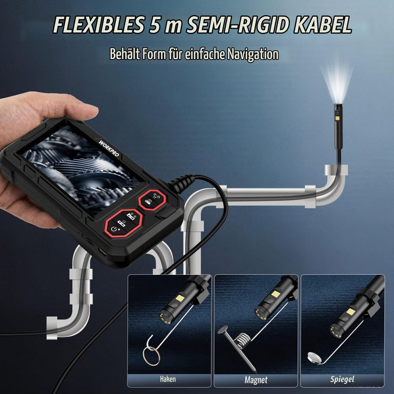 WORKPRO Endoscope Camera Dual Lens, 4.3 Inch IPS, 1080P, IP67, 5 m | Inspection camera with 8+1 LED light, hook, magnet and mirror, ideal for pipes, vehicles and hard-to-reach places