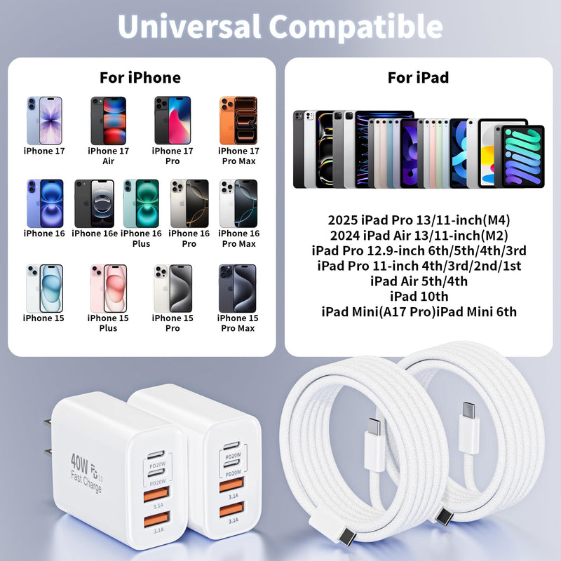 10Foot iPhone 17 16 15 Pro Max Charger Fast Charging,40W 2Pack 4 Port PD&AC USB Charger Block 10FT USB C to C Woven Cable Quick Charging Cord for iPhone 17 Air/17 16 15 Pro/16e/16 Plus/15/15 Pro/iPad 2