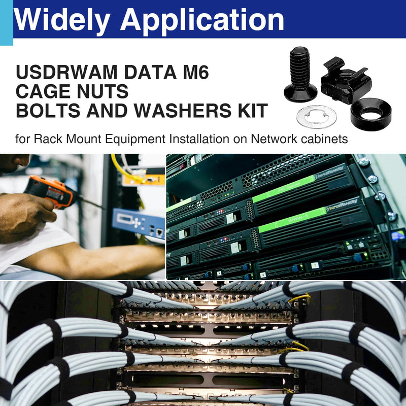 [Australia - AusPower] - 50 Pack M6 x 16mm Rack Mount Cage Nuts, Screws and Nylon Washers Stainless Steel Black Zinc Plating, Compatible with 19"/10" Server Racks, Cabinets, Routers, A/V and Network Enclosures 50Pack M6x16mm 