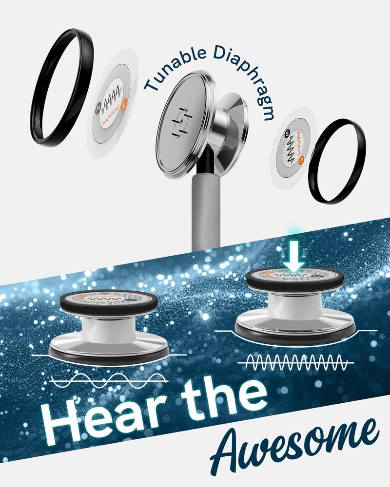 FriCARE Tunable Stethoscope - Dual Head Estetoscopio for Nurses, Doctors, Paramedics, Students, Fog Grey Tube, Classic Steel Finish Chestpiece