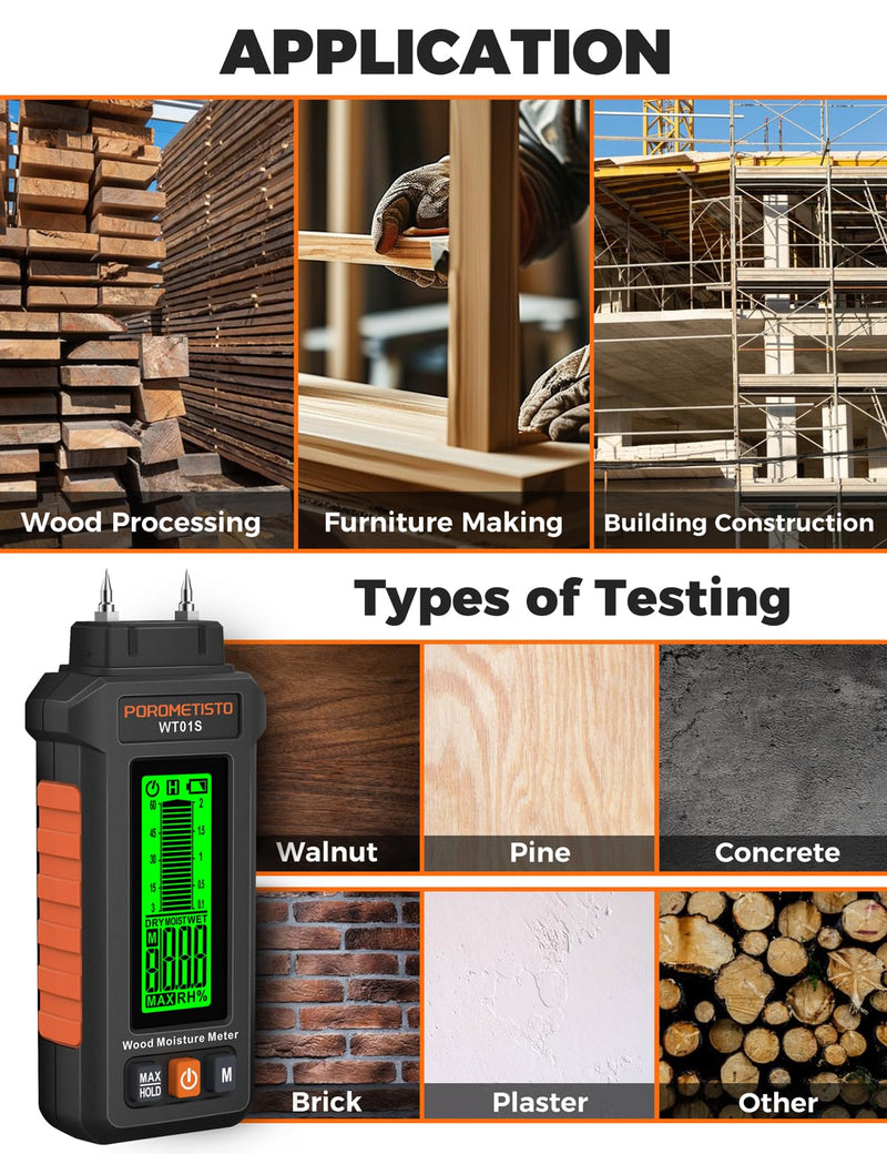 [Australia - AusPower] - 5 in 1 Moisture Meter, POROMETISTO 5 Modes Wood Moisture Meter with Three-Color Backlight, Data Hold & Max Measurement, Ideal for Wood (Oak/Pine/Walnut) and Building Materials 