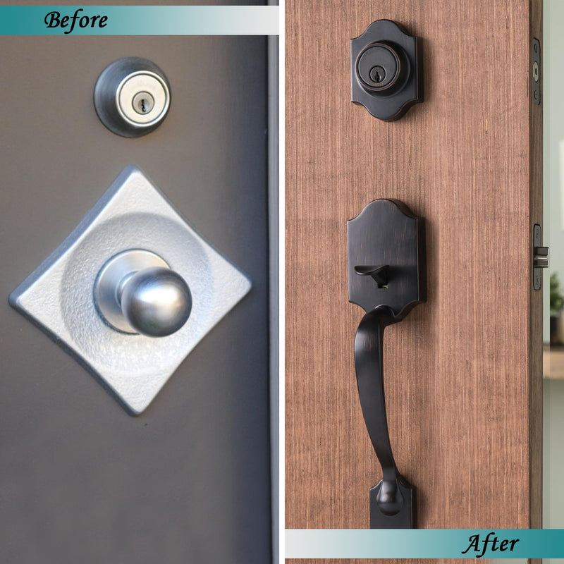 MaxxGeek 5-Inch Backset Entry Door Latch Fit Standard Knobset, 90° Square Interface with Square Corner Faceplate, Requires a 2-1/8" Cross Bore & 1" Edge Bore, Non-Handed, Polished Brass 5" Entry Latch