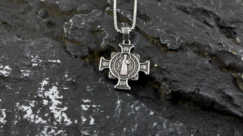 Saint Benedict Cross Necklace, Christian Sacramental Medal Pendant, Stainless Steel Ward off Evil Protection Jewelry