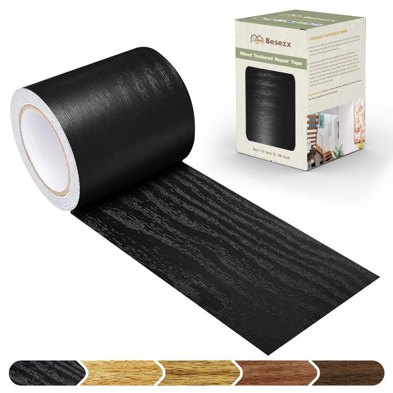 Besezx Wood Grain Tape, 3.9" X15', Self Adhesive Wood Grain Repair Patch for Tables, Chairs, DIY,Baseboards, Doors, Windows, Floors and Furniture Renovation.（Black） 3.9" X15' Black