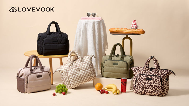 LOVEVOOK Insulated Lunch Bag Women,Puffer Lunch Cooler Box with Utensil Bag Beige Checkered-Corduroy Large - 13L