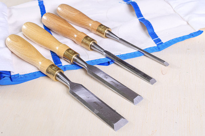 Finely Crafted Wood Chisel Set, 4 High-Performance Woodworking Chisels with Durable, Sharp CR-V Steel Blades Tempered to 60HRc, Chisel Set with Tool Roll from Schaaf Wood Carving Tools