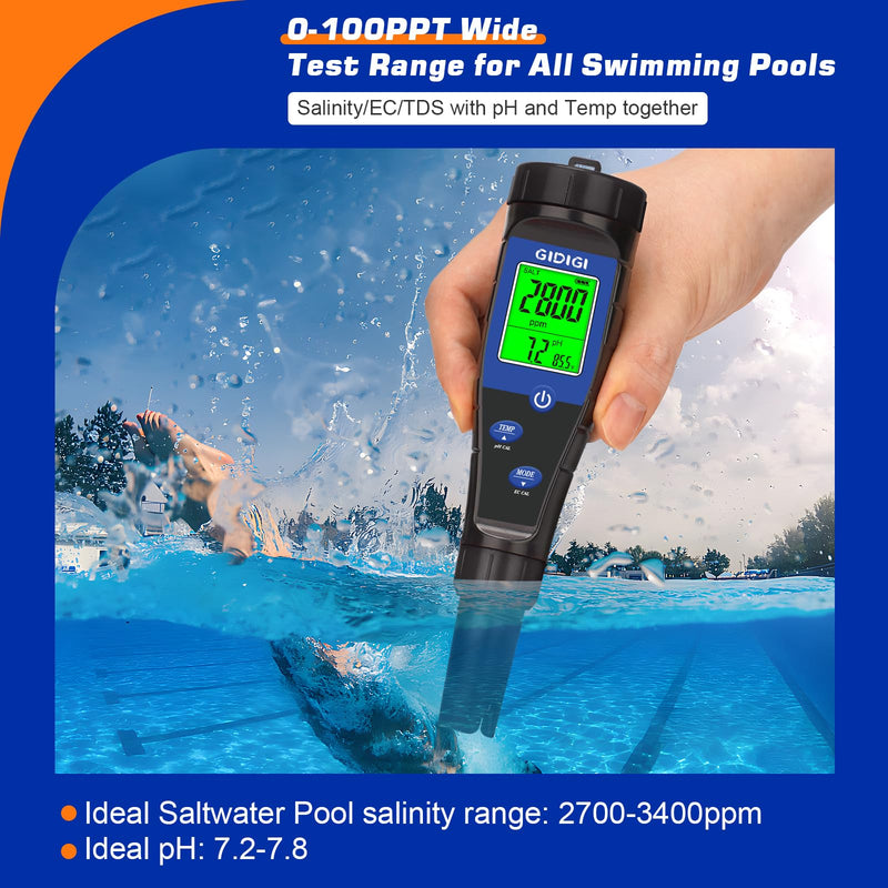 [Australia - AusPower] - Salt Tester for Pool, pH Meter Digital 5-in-1 pH TDS EC Salt Content Meter with Calibration Solution Set, pH ppm Meter for Salt Water Pool, Aquarium, Hot Tub, Spa, Hydroponics, Home Brew 